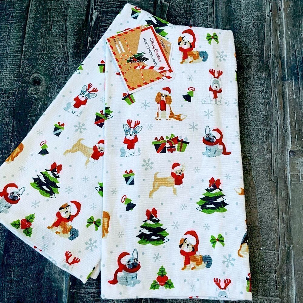 Christmas Dogs Print Holiday Kitchen Dish Towels Set